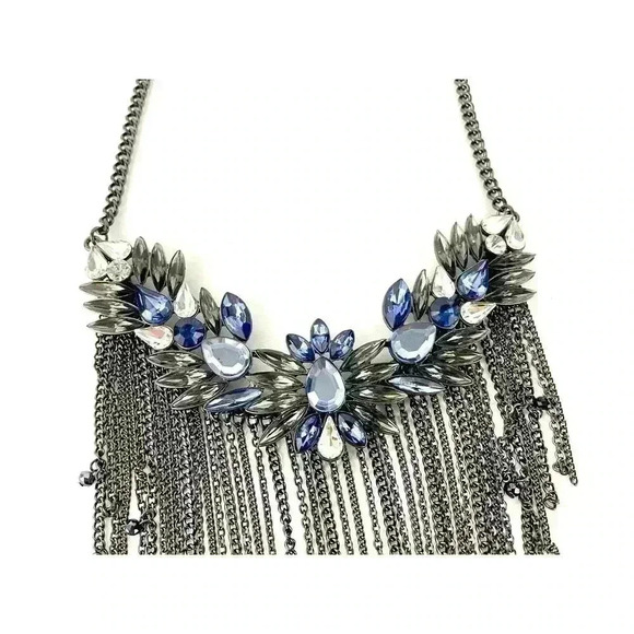 Gray Metal Rhinestone Chain Statement Necklace 13" Blue Clear Retro Boho Dangle - Picture 2 of 11